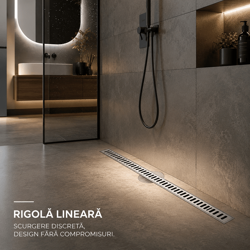 Rigolă de Duș din Inox 600x32 mm, Crom, Reversibilă 2 în 1, cu Sifon Detașabilb (1) Rigolă de Duș din Inox 600x32 mm, Crom, Reversibilă 2 în 1, cu Sifon Detașabil - imagine 1