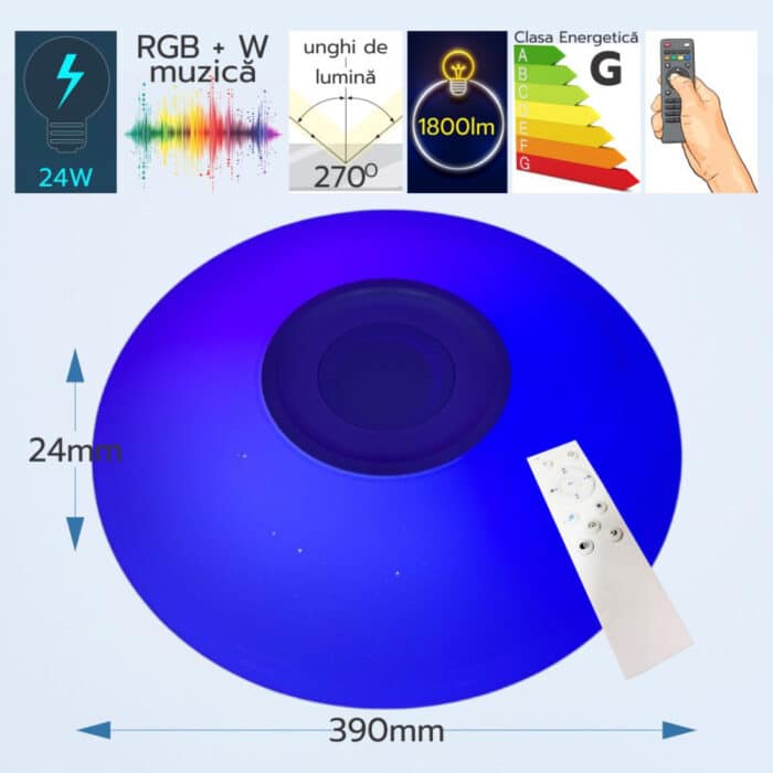 Plafonieră LED Smart cu Boxă Bluetooth, RGB+W, 24W, Ø390 mm, Control din Aplicație, Muzică și Jocuri de Lumini - imagine 2