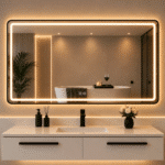 Oglindă LED 150×80 cm, cu Ramă Neagră , Dezaburire, 3 Tipuri de Lumină, Touch, Model Sharky Design Black - imagine 2