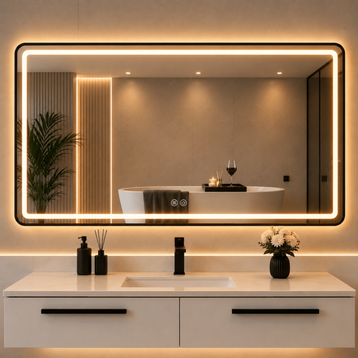 Oglindă LED 150×80 cm, cu Ramă Neagră , Dezaburire, 3 Tipuri de Lumină, Touch, Model Sharky Design Black - imagine 2
