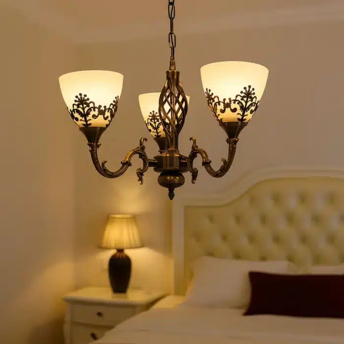 Lustra VINTAGE, tip Pendul cu brate, Circulara, 3xE27, Sticla si Metal, Bronz Antichizat - imagine 2