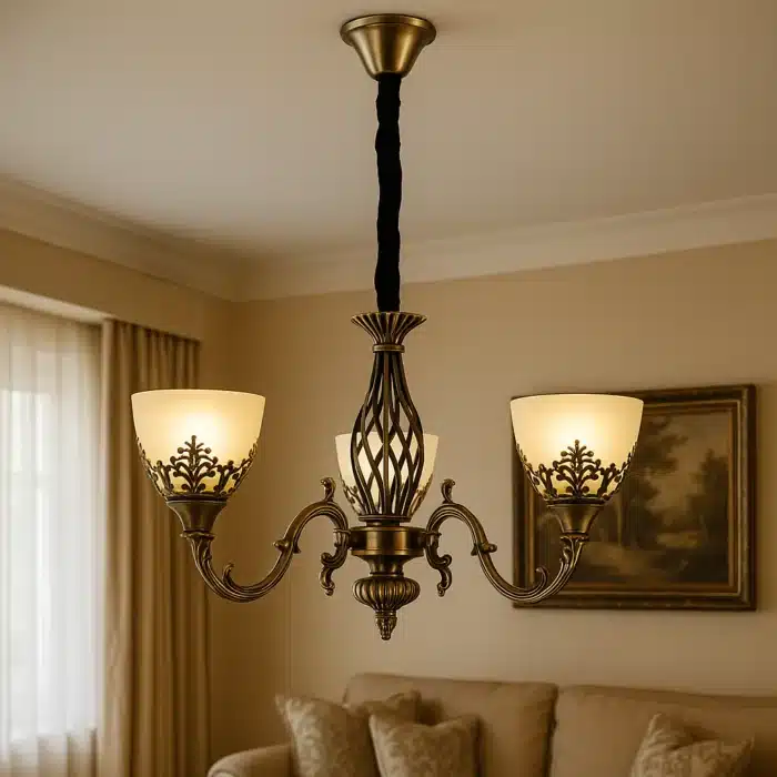Lustra VINTAGE, tip Pendul cu brate, Circulara, 3xE27, Sticla si Metal, Bronz Antichizat - imagine 4