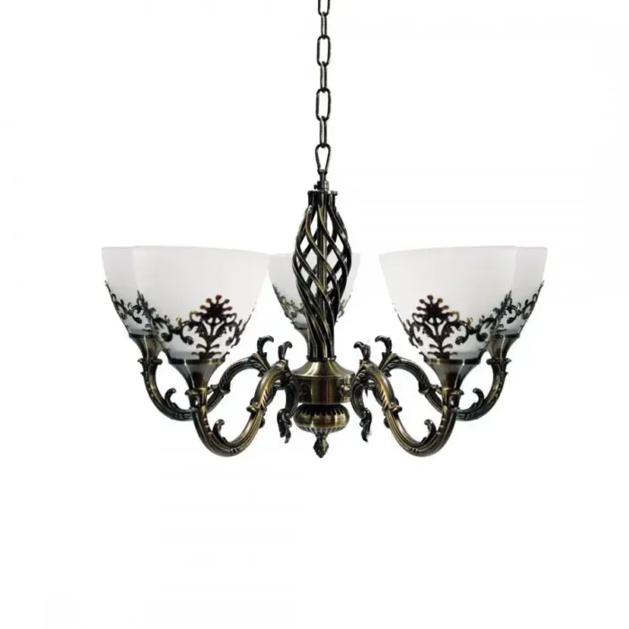Lustra VINTAGE, tip Pendul cu brate, Circulara, 5xE27, Sticla si Metal, Bronz Antichizat - imagine 4