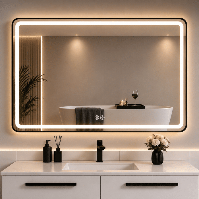 Oglindă LED 110×70 cm, cu Ramă Neagră , Dezaburire, 3 Tipuri de Lumină, Touch, Model Sharky Design Black - imagine 2