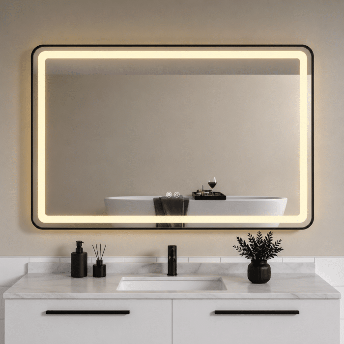 Oglindă LED 120×80 cm, cu Ramă Neagră , Dezaburire, 3 Tipuri de Lumină, Touch, Model Sharky Design - imagine 3