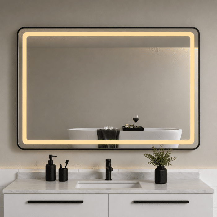 Oglindă LED 120×80 cm, cu Ramă Neagră , Dezaburire, 3 Tipuri de Lumină, Touch, Model Sharky Design - imagine 2