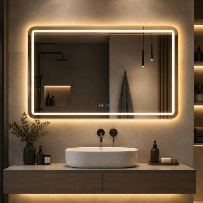 Oglindă LED 150×80 cm cu Ramă Auriu Periat, Model Shark Design, Dezaburire, 3 Tipuri de Lumină, Touch, IP65 - imagine 7
