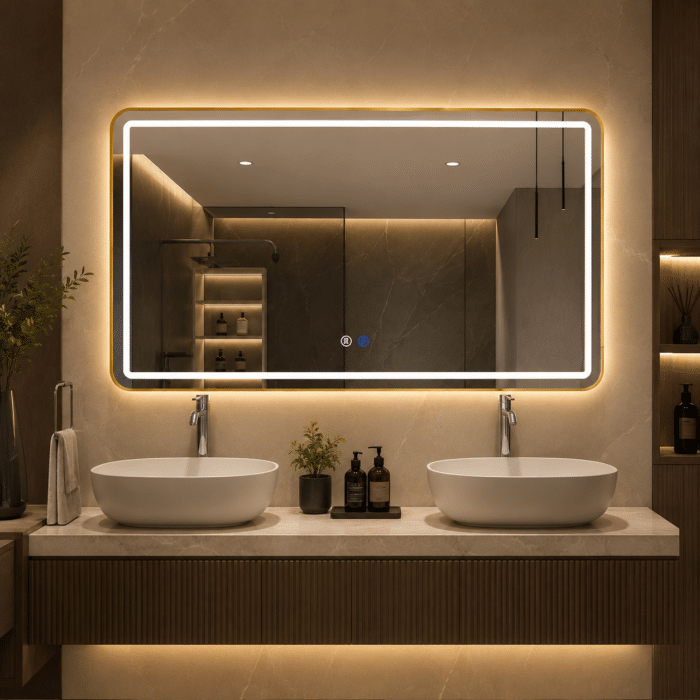 Oglindă LED 150×80 cm cu Ramă Auriu Periat, Model Shark Design, Dezaburire, 3 Tipuri de Lumină, Touch, IP65 - imagine 6