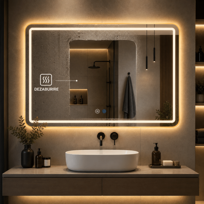 Oglindă LED 150×80 cm cu Ramă Auriu Periat, Model Shark Design, Dezaburire, 3 Tipuri de Lumină, Touch, IP65 - imagine 5