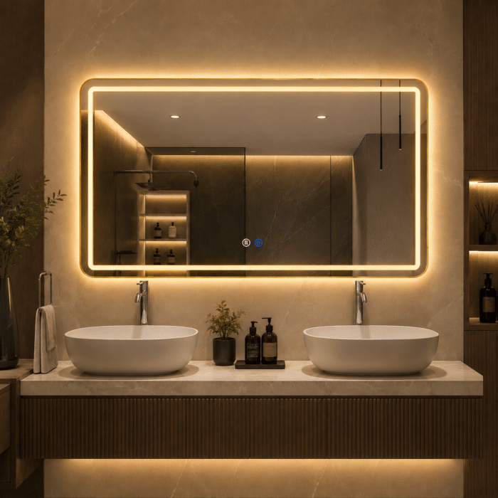 Oglindă LED 150×80 cm cu Ramă Auriu Periat, Model Shark Design, Dezaburire, 3 Tipuri de Lumină, Touch, IP65 - imagine 2