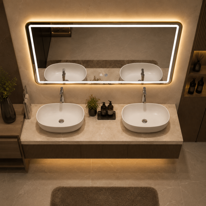 Oglindă LED 150×80 cm cu Ramă Auriu Periat, Model Shark Design, Dezaburire, 3 Tipuri de Lumină, Touch, IP65 - imagine 3