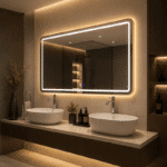 Oglindă LED 150×80 cm cu Ramă Auriu Periat, Model Shark Design, Dezaburire, 3 Tipuri de Lumină, Touch, IP65