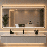Oglindă LED 150×80 cm, cu Ramă Neagră , Dezaburire, 3 Tipuri de Lumină, Touch, Model Sharky Design Black