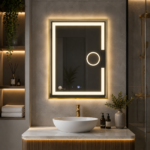 Oglindă LED 60×80 cm cu Ramă Auriu Periat, Lupă Cosmetică, Model Shark Design, Dezaburire, 3 Tipuri de Lumină, Touch, IP65 - imagine 4