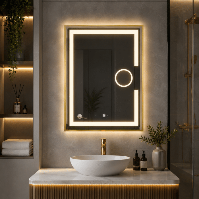 Oglindă LED 60×80 cm cu Ramă Auriu Periat, Lupă Cosmetică, Model Shark Design, Dezaburire, 3 Tipuri de Lumină, Touch, IP65 - imagine 4