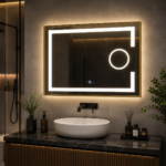 Oglindă LED 80×60 cm cu Ramă Auriu Periat, Lupă Cosmetică, Model Shark Design, Dezaburire, 3 Tipuri de Lumină, Touch, IP65 - imagine 5