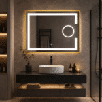 Oglindă LED 80×60 cm cu Ramă Auriu Periat, Lupă Cosmetică, Model Shark Design, Dezaburire, 3 Tipuri de Lumină, Touch, IP65