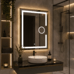 Oglindă LED 60×80 cm cu Ramă Auriu Periat, Lupă Cosmetică, Model Shark Design, Dezaburire, 3 Tipuri de Lumină, Touch, IP65 - imagine 3