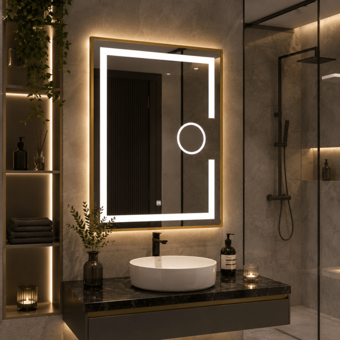 Oglindă LED 60×80 cm cu Ramă Auriu Periat, Lupă Cosmetică, Model Shark Design, Dezaburire, 3 Tipuri de Lumină, Touch, IP65 - imagine 3