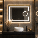 Oglindă LED 80×60 cm cu Ramă Auriu Periat, Lupă Cosmetică, Model Shark Design, Dezaburire, 3 Tipuri de Lumină, Touch, IP65 - imagine 4