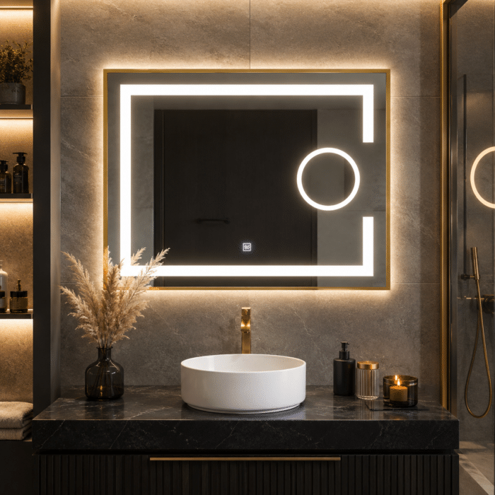 Oglindă LED 80×60 cm cu Ramă Auriu Periat, Lupă Cosmetică, Model Shark Design, Dezaburire, 3 Tipuri de Lumină, Touch, IP65 - imagine 4