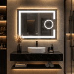 Oglindă LED 80×60 cm cu Ramă Auriu Periat, Lupă Cosmetică, Model Shark Design, Dezaburire, 3 Tipuri de Lumină, Touch, IP65 - imagine 3