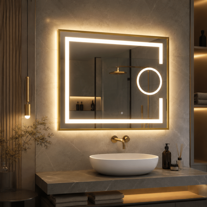Oglindă LED 80×60 cm cu Ramă Auriu Periat, Lupă Cosmetică, Model Shark Design, Dezaburire, 3 Tipuri de Lumină, Touch, IP65 - imagine 2