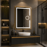 Oglindă LED 60×80 cm cu Ramă Auriu Periat, Lupă Cosmetică, Model Shark Design, Dezaburire, 3 Tipuri de Lumină, Touch, IP65