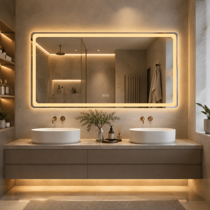 Oglindă LED Dreptunghiulară 150×80 cm, Iluminare Față + Spate, Dezaburire, 3 Tipuri de Lumină, Touch, Model Peru - imagine 3