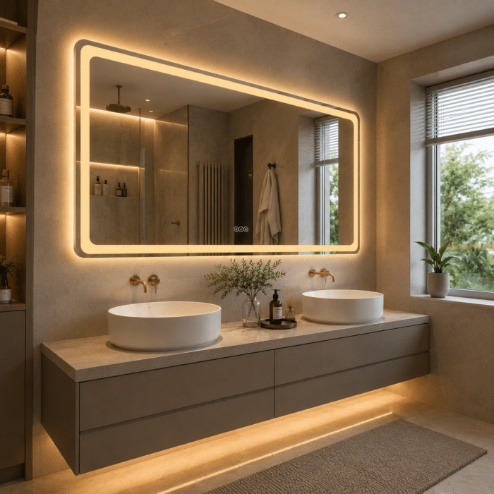 Oglindă LED Dreptunghiulară 150×80 cm, Iluminare Față + Spate, Dezaburire, 3 Tipuri de Lumină, Touch, Model Peru - imagine 2