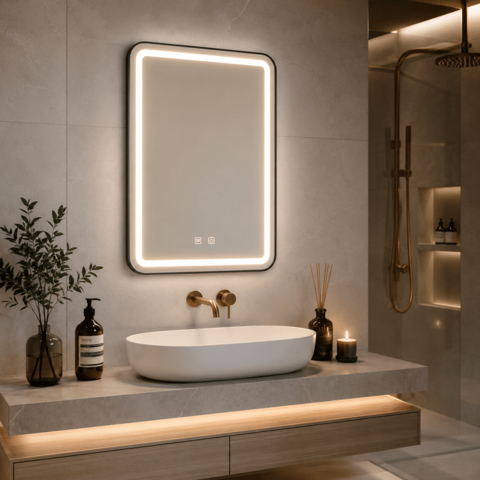 Oglindă LED Dreptunghiulară 50×70 cm, cu Ramă Neagră , Dezaburire, 3 Tipuri de Lumină, Touch, Model Shark Design - imagine 9