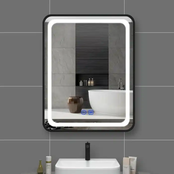 Oglindă LED Dreptunghiulară 50×70 cm, cu Ramă Neagră , Dezaburire, 3 Tipuri de Lumină, Touch, Model Shark Design - imagine 7