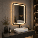 Oglindă LED Dreptunghiulară 50×70 cm, cu Ramă Neagră , Dezaburire, 3 Tipuri de Lumină, Touch, Model Shark Design