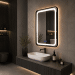 Oglindă LED Dreptunghiulară 50×70 cm, cu Ramă Neagră , Dezaburire, 3 Tipuri de Lumină, Touch, Model Shark Design - imagine 2