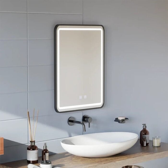 Oglindă LED Dreptunghiulară 50×70 cm, cu Ramă Neagră , Dezaburire, 3 Tipuri de Lumină, Touch, Model Shark Design - imagine 11