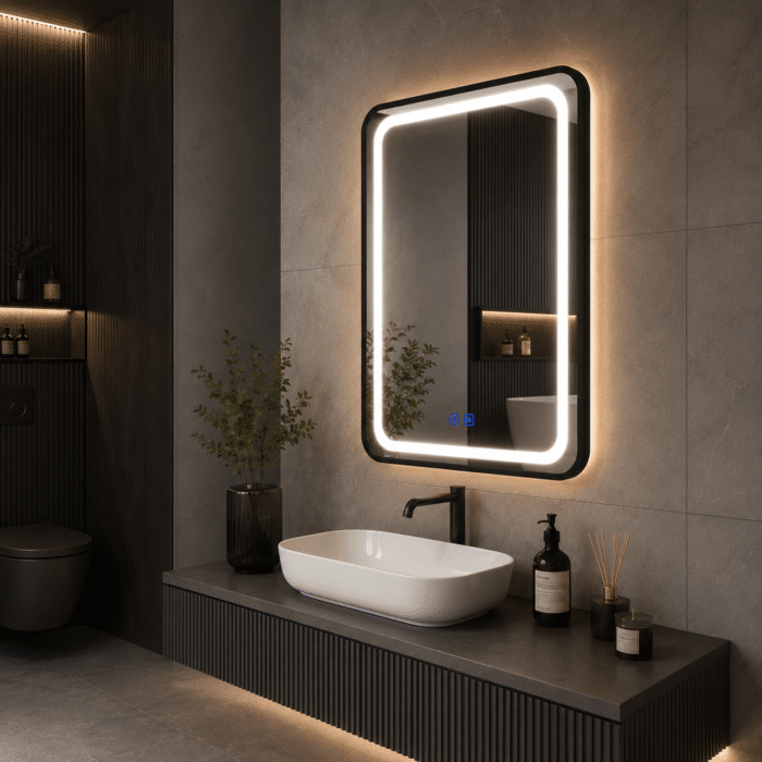 Oglindă LED Dreptunghiulară 50×70 cm, cu Ramă Neagră , Dezaburire, 3 Tipuri de Lumină, Touch, Model Shark Design - imagine 2
