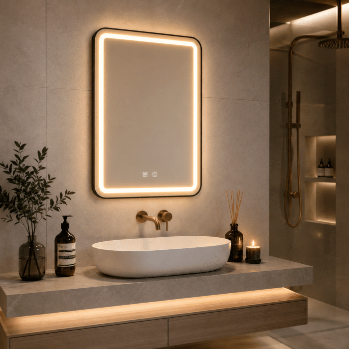 Oglindă LED Dreptunghiulară 50×70 cm, cu Ramă Neagră , Dezaburire, 3 Tipuri de Lumină, Touch, Model Shark Design - imagine 3
