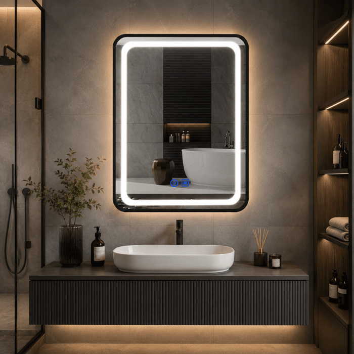 Oglindă LED Dreptunghiulară 50×70 cm, cu Ramă Neagră , Dezaburire, 3 Tipuri de Lumină, Touch, Model Shark Design - imagine 4