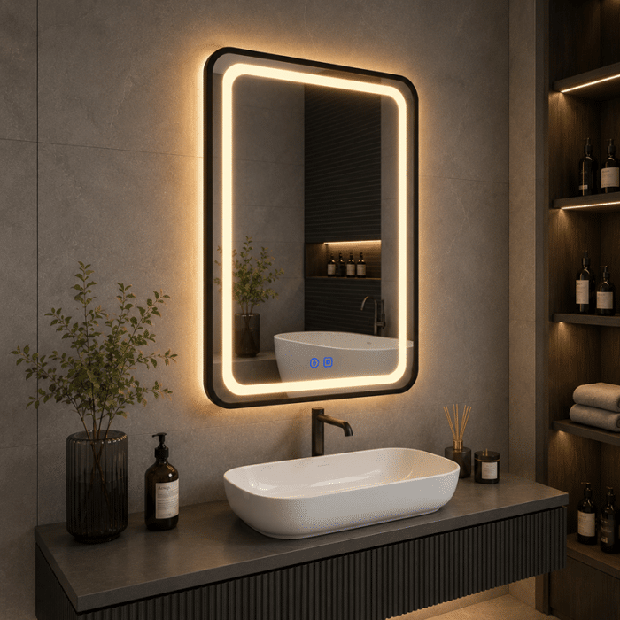 Oglindă LED Dreptunghiulară 60×80 cm, cu Ramă Neagră , Dezaburire, 3 Tipuri de Lumină, Touch, Model Shark Black - imagine 2