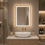 Oglindă LED Dreptunghiulară 60×80 cm cu Ramă Auriu Periat, Model Shark Design, Dezaburire, 3 Tipuri de Lumină, Touch, IP65 - imagine 2