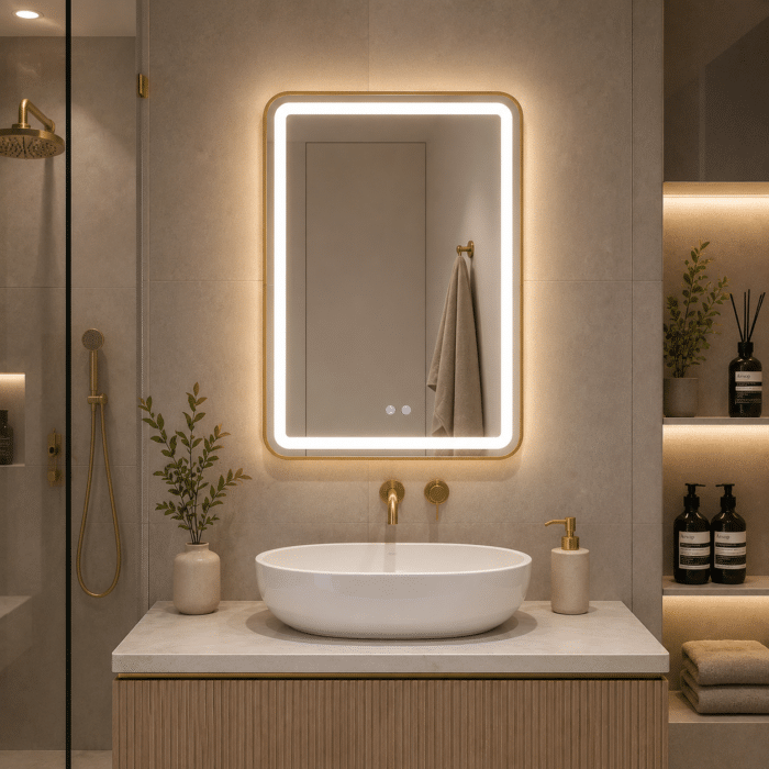 Oglindă LED Dreptunghiulară 60×80 cm cu Ramă Auriu Periat, Model Shark Design, Dezaburire, 3 Tipuri de Lumină, Touch, IP65 - imagine 2
