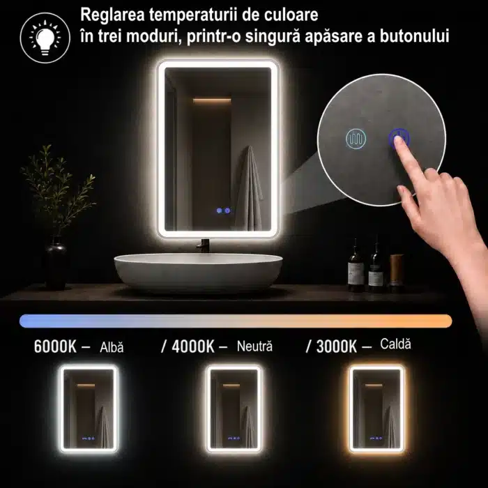 Oglindă LED Dreptunghiulară 60×80 cm cu Ramă Auriu Periat, Model Shark Design, Dezaburire, 3 Tipuri de Lumină, Touch, IP65 - imagine 5