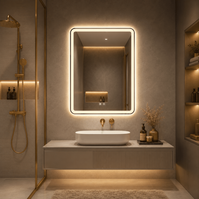 Oglindă LED Dreptunghiulară 60×90 cm, Iluminare Față + Spate, Dezaburire, 3 Tipuri de Lumină, Touch, Model Shark - imagine 2