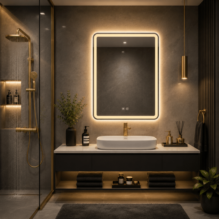 Oglindă LED Dreptunghiulară 60×90 cm, Iluminare Față + Spate, Dezaburire, 3 Tipuri de Lumină, Touch, Model Shark - imagine 3