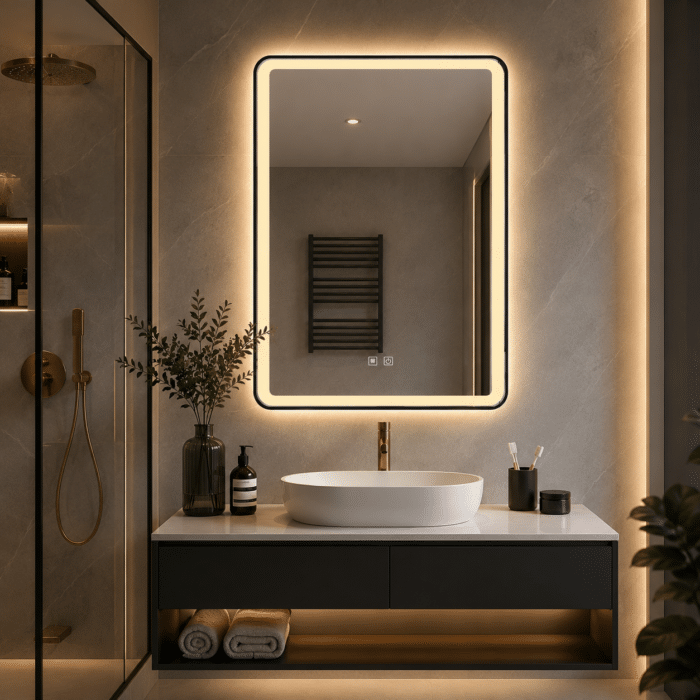 Oglindă LED Dreptunghiulară 70×90 cm, cu Ramă Neagră , Dezaburire, 3 Tipuri de Lumină, Touch, Model Sharky - imagine 2