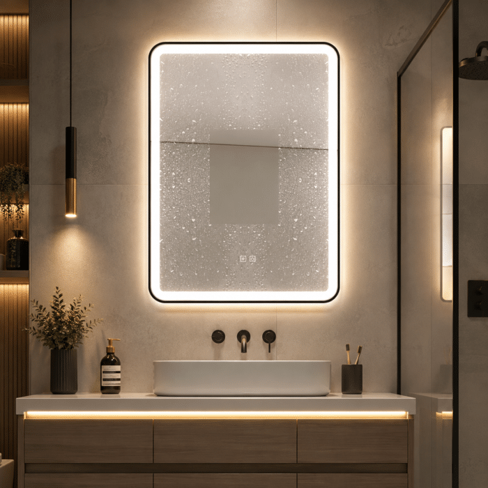 Oglindă LED Dreptunghiulară 70×90 cm, cu Ramă Neagră , Dezaburire, 3 Tipuri de Lumină, Touch, Model Sharky - imagine 3