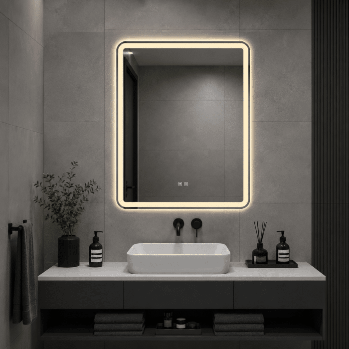 Oglindă LED Dreptunghiulară 75×90 cm, Iluminare Față + Spate, Dezaburire, 3 Tipuri de Lumină, Touch, Model Dan - imagine 3