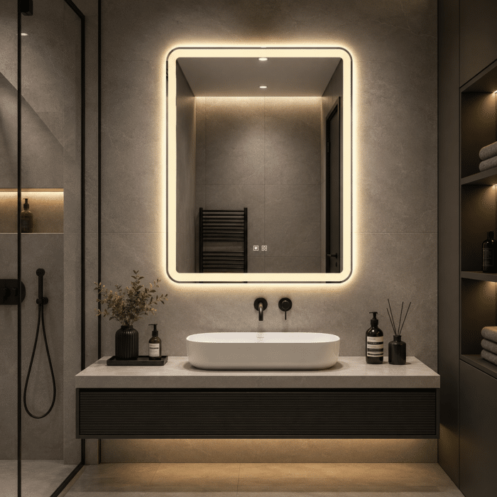 Oglindă LED Dreptunghiulară 75×90 cm, Iluminare Față + Spate, Dezaburire, 3 Tipuri de Lumină, Touch, Model Dan - imagine 2