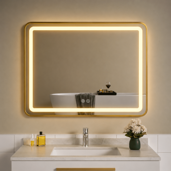 Oglindă LED Dreptunghiulară 80×60 cm cu Ramă Auriu Periat, Model Shark Design, Dezaburire, 3 Tipuri de Lumină, Touch, IP65 - imagine 2