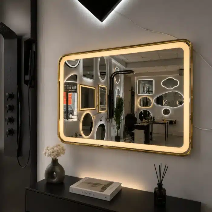 Oglindă LED Dreptunghiulară 80×60 cm cu Ramă Auriu Periat, Model Shark Design, Dezaburire, 3 Tipuri de Lumină, Touch, IP65 - imagine 4